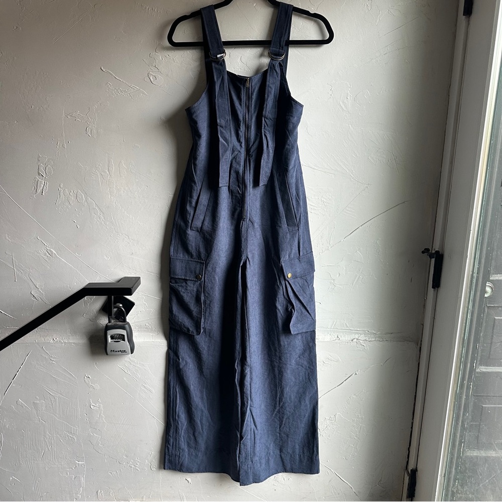 NWT Choosy Navy Blue Utility Jumpsuit with Cargo Pockets Faux Suede Feel Sz XS